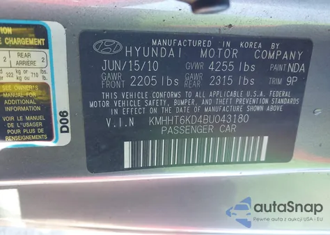 2011 Hyundai Genesis 2.0T из США, поврежденный, VIN KMHHT6KD4BU043180